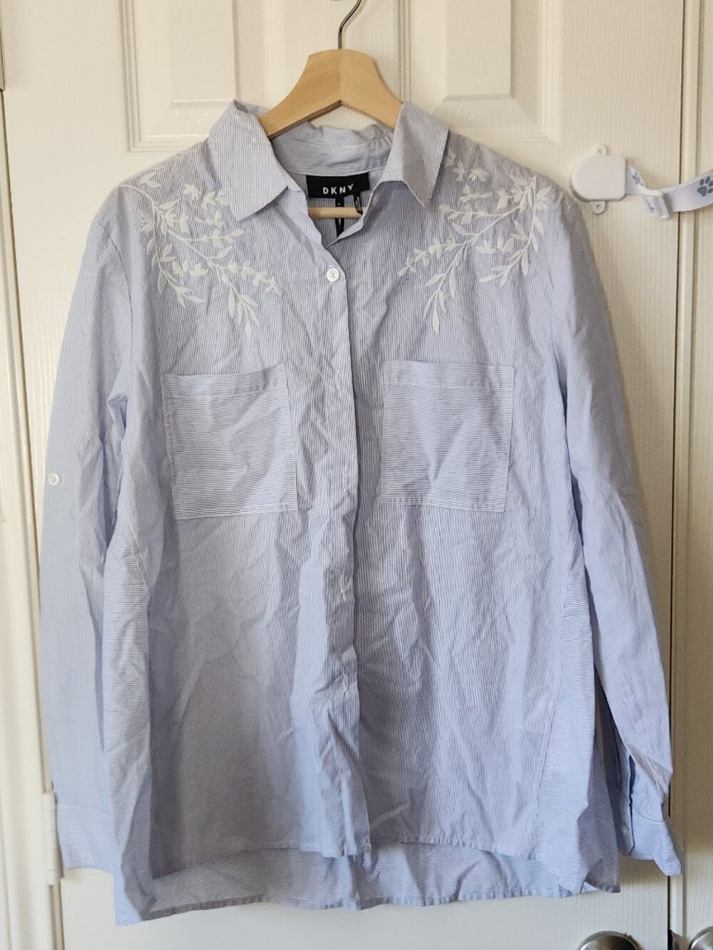 DKNY Blue & White Striped Embroidered Button-Down Shirt
